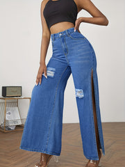 High Waist Split Denim Pants Distressed Wide Legs Jeans