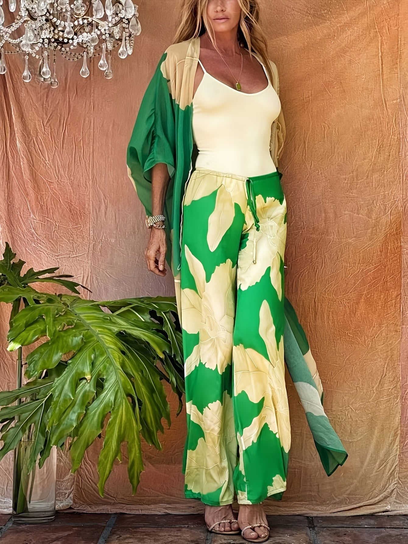 Floral Loose Fit Two Piece Set V Neck Beachwear Cover Up Pant