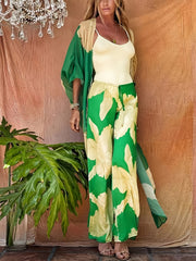 Floral Loose Fit Two Piece Set V Neck Beachwear Cover Up Pant