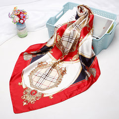 Red Silk Plaid Square Scarf Large Shawl Women Headwrap Hair Accessories