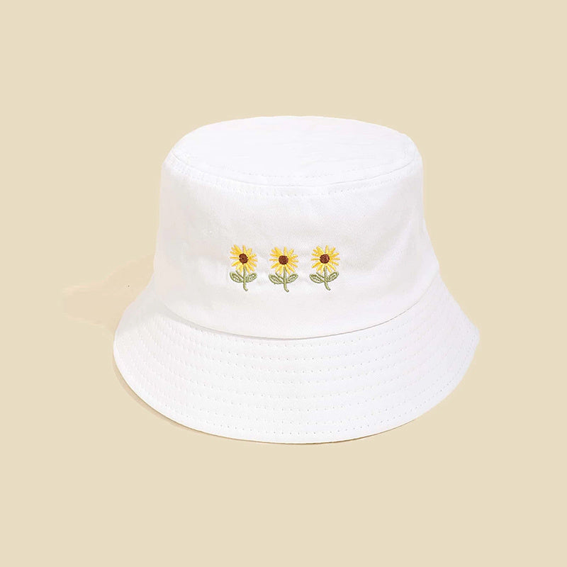 Three Flowers Embroidery Bucket Hat Solid Cotton Summer Sun Hat Women Basin Cap
