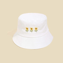 Three Flowers Embroidery Bucket Hat Solid Cotton Summer Sun Hat Women Basin Cap