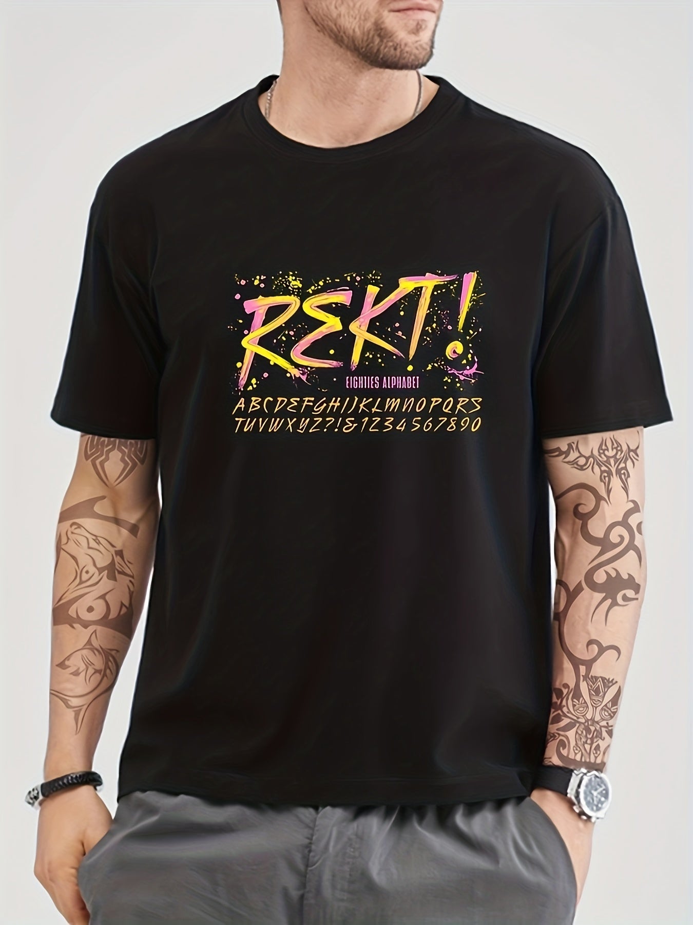 Men's Cotton Letter Print Graphic Crew Neck T-shirt for Summer