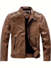 PU Biker Jacket Men's Casual Zipper Pockets Stand Collar Faux Leather Jacket