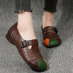 Women's Hollow Out Flat Shoes Colorblock Buckle Strap Round Toe Soft Sole Shoes