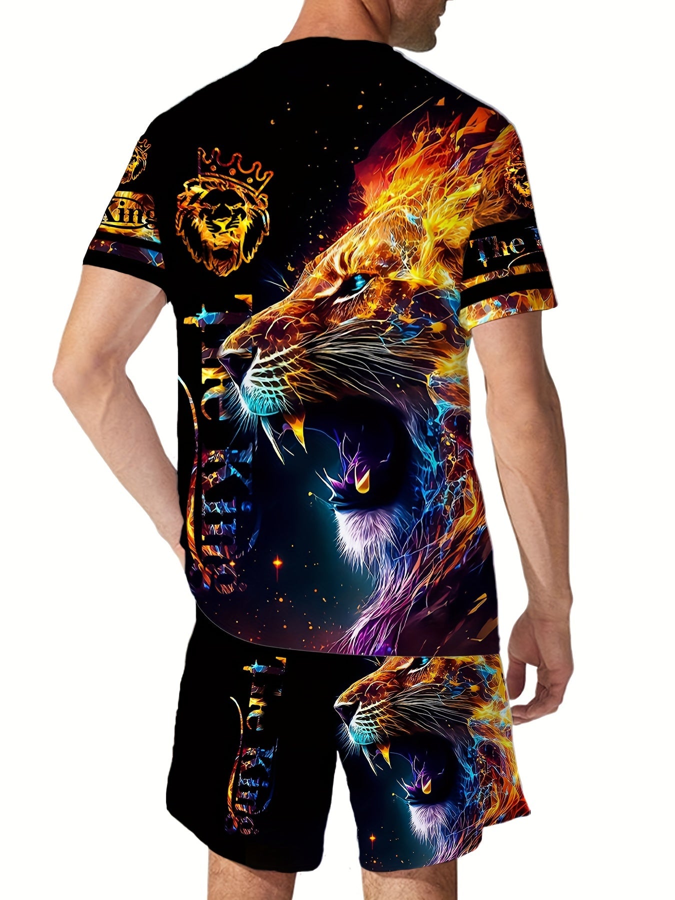 Lion 3d Pattern Mens 2 Piece Outfits Short Sleeve T shirt And Shorts Set