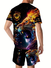 Lion 3d Pattern Mens 2 Piece Outfits Short Sleeve T shirt And Shorts Set