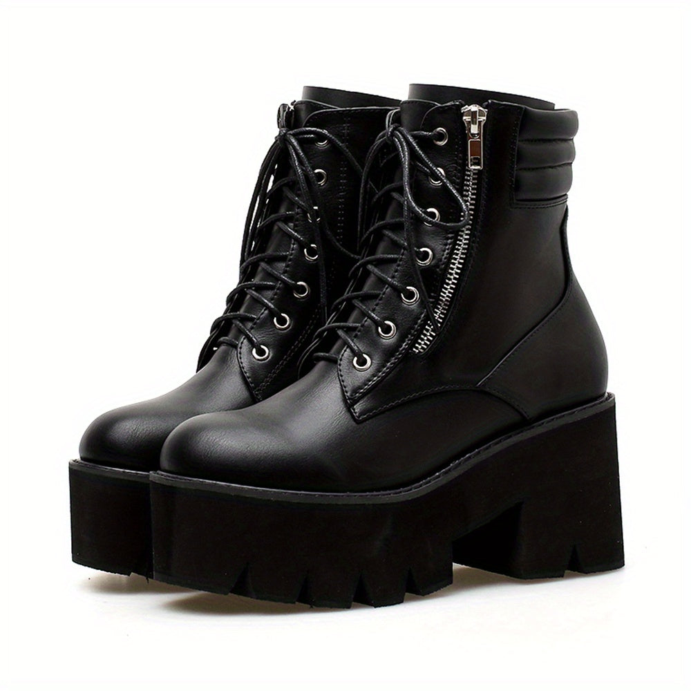 Women's Side Zip Platform Boots Lace Up Round Toe Shoes