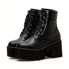 Women's Side Zip Platform Boots Lace Up Round Toe Shoes