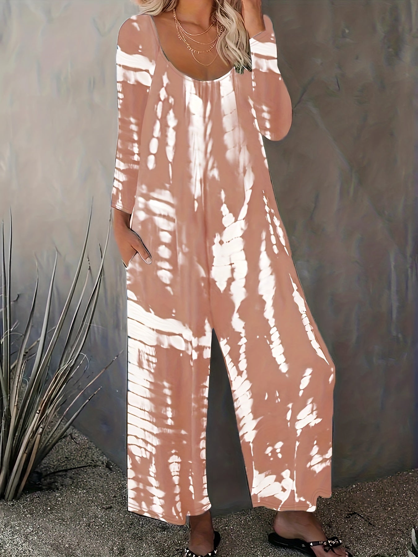 Tie Dye Long Sleeve Round Neck Wide Leg Jumpsuit With Pockets