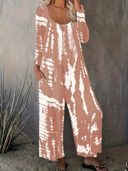 Tie Dye Long Sleeve Round Neck Wide Leg Jumpsuit With Pockets