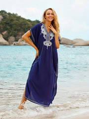 Boho Cover Up Dress Floral Print V Neck Slight Stretch