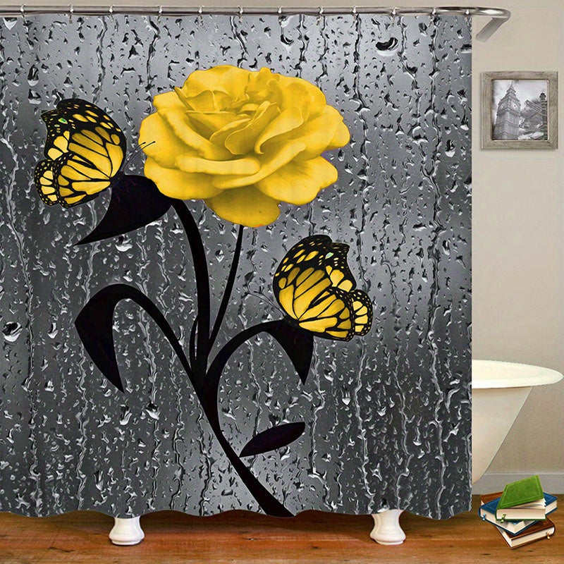 Yellow Rose Bathroom Set with Shower Curtain and 12 Hooks