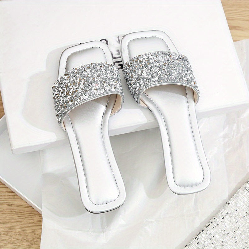 Sequins Flat Slippers Glitter Open Toe Non slip Casual Square Toe Slippers