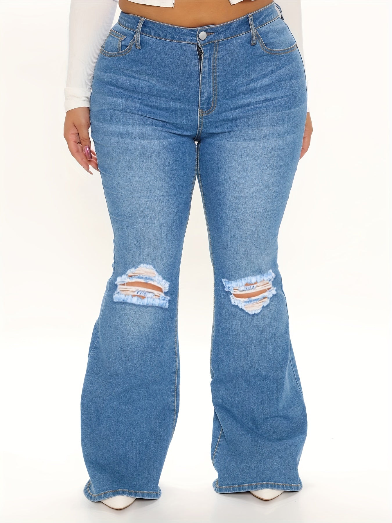 Solid Flared Leg Jeans Plus Size Ripped Fringe Trim Button Fly