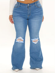 Solid Flared Leg Jeans Plus Size Ripped Fringe Trim Button Fly
