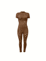 Solid Ripped Two piece Set Crew Neck Short Sleeve Tops & Slim Pants Outfits