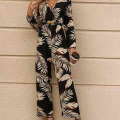 Tropical Print Surplice Neck Jumpsuit Long Sleeve Wide Leg Jumpsuit