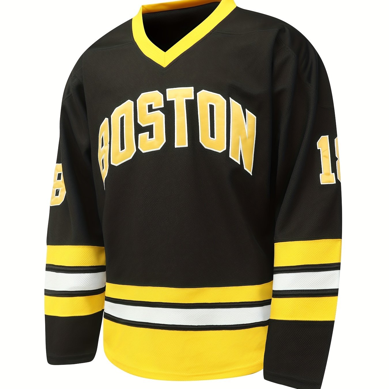 Men's Boston Ice Hockey Jersey Vintage Stripe V Neck Long Sleeve