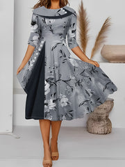 Floral Print Shawl Neck Half Sleeve Dress