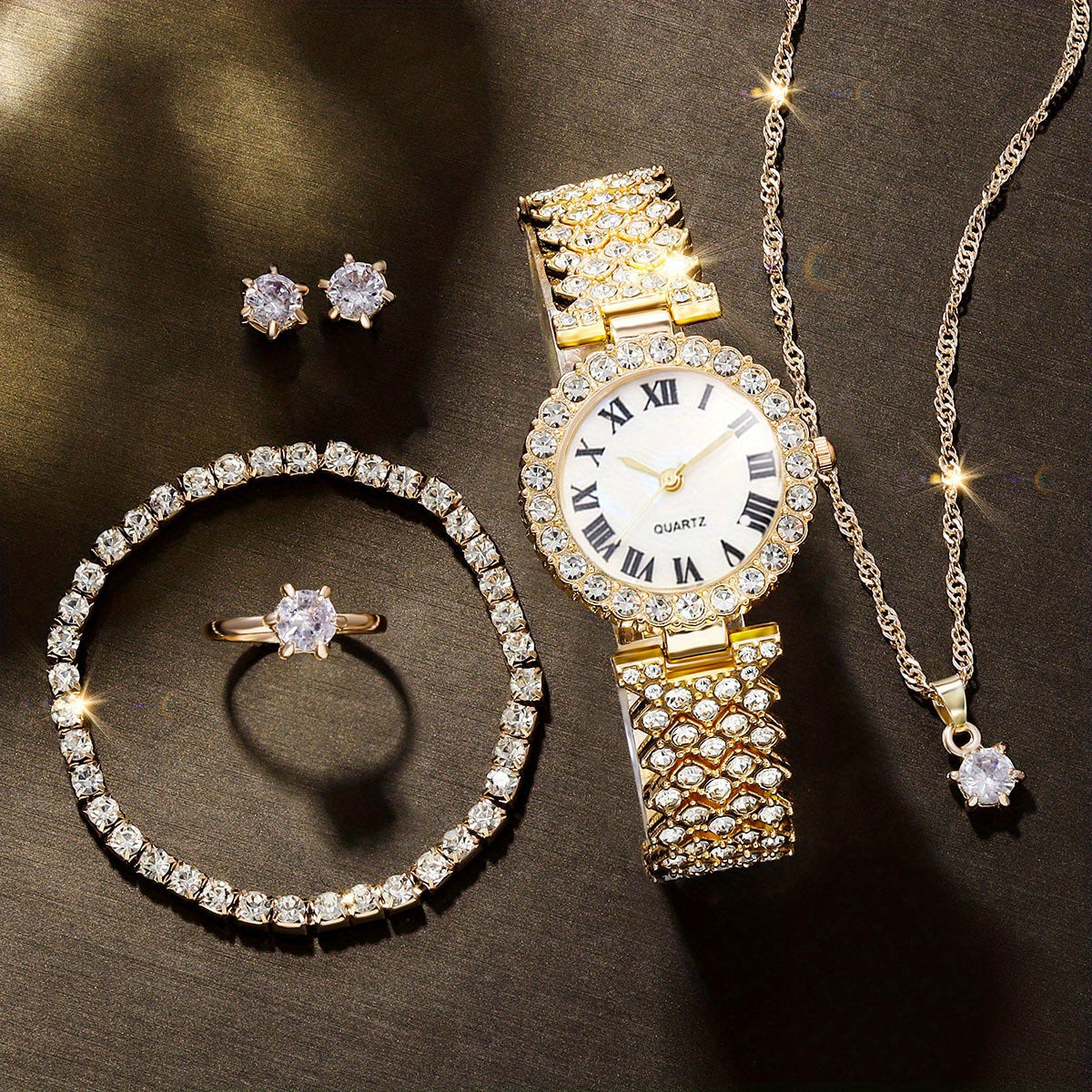Rhinestone Decorated Quartz Watch & 5pcs Jewelry Set for Girls