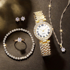 Rhinestone Decorated Quartz Watch & 5pcs Jewelry Set for Girls