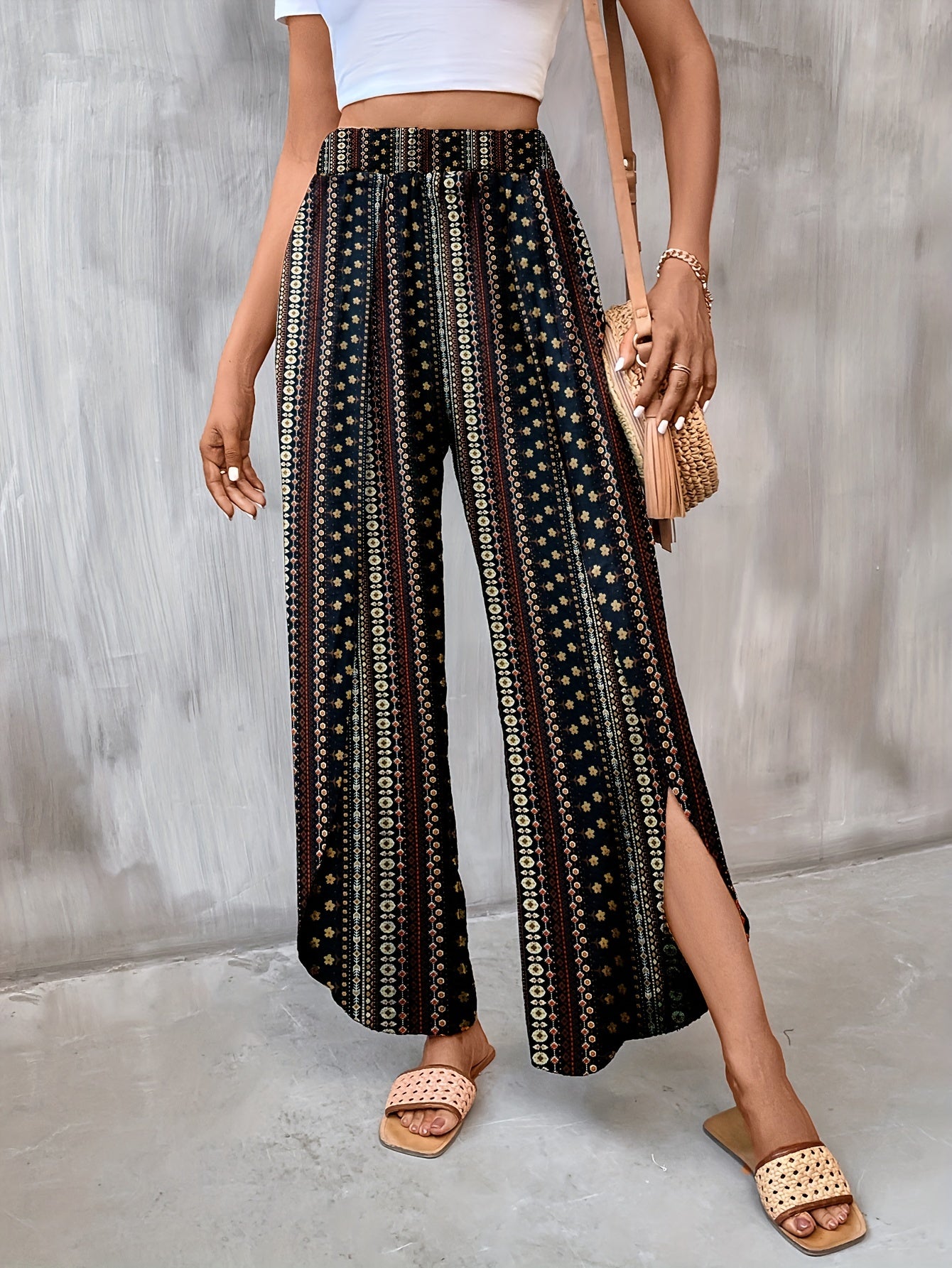 Tribal Print Wide Leg Pants Elastic Waist Casual Pants