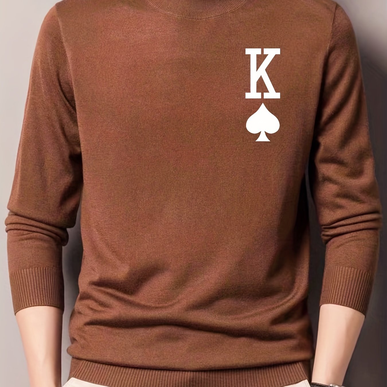 Spades Print Knitted Sweater Men's Warm Crew Neck Pullover