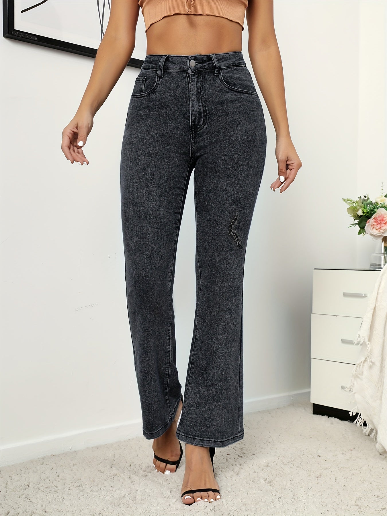 Dark Grey Flare Jeans Bell Bottom Wide Leg Ripped Denim