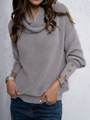 Casual Sweater Women's Plus Solid Button Decor Long Sleeve Turtleneck