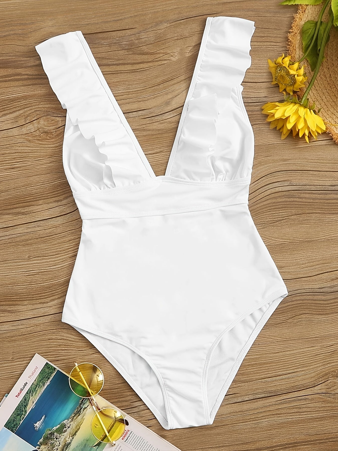 Ruffle Deep V Neck One Piece Swimsuit Lace Up Bathing Suit