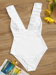 Ruffle Deep V Neck One Piece Swimsuit Lace Up Bathing Suit