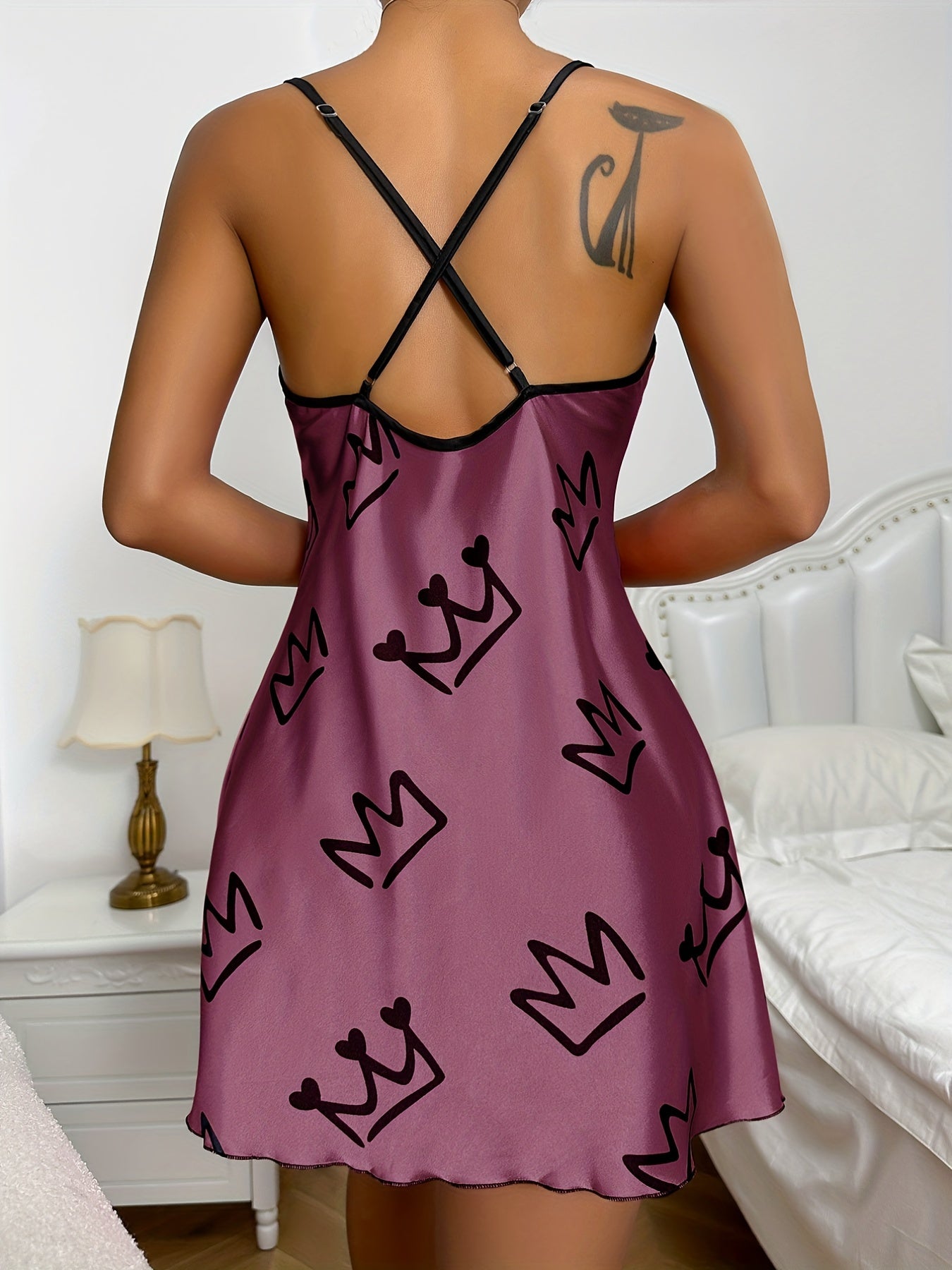 Crown Print Slip Nightdress Sexy Scoop Neck Backless Spaghetti Strap Sleep Dress