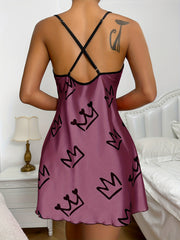 Crown Print Slip Nightdress Sexy Scoop Neck Backless Spaghetti Strap Sleep Dress