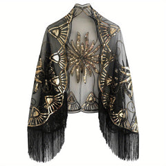 Vintage Sequin Beaded Tassel Shawl 1920s Large Cape Flapper Shawls