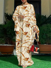 Retro Abaya Dress Women's Plus Chain Print Tie Batwing Sleeve Maxi Dre
