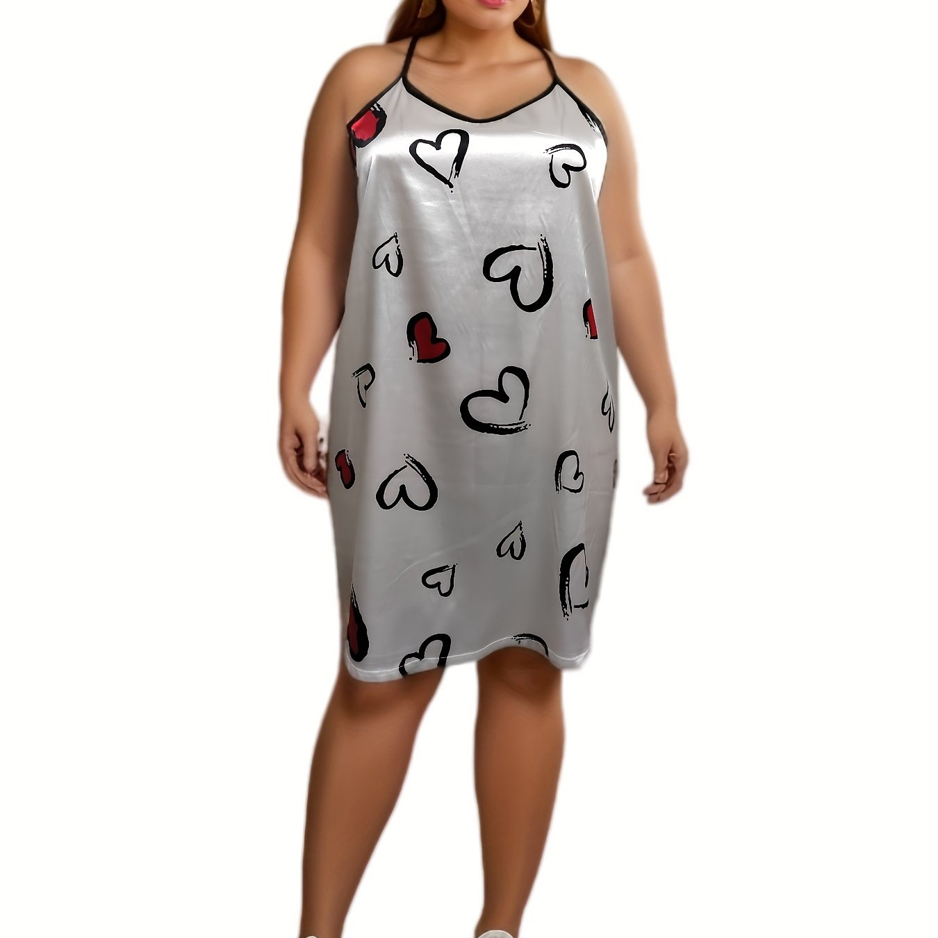 Heart Print Satin Cami Sleep Dress