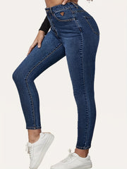 Women's Casual Button Fly Mid Waist Slim Fit Jeans