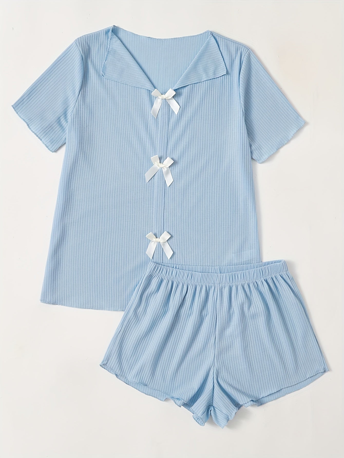 Bow Ribbed Lounge Set Top & Shorts Women's Loungewear