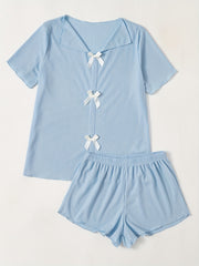 Bow Ribbed Lounge Set Top & Shorts Women's Loungewear