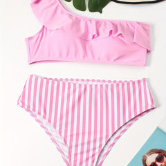 One Shoulder Ruffle Trim Bikini Set