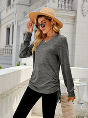 Casual Knit Top Women's Plus Solid Side Tie Ruched Long Sleeve