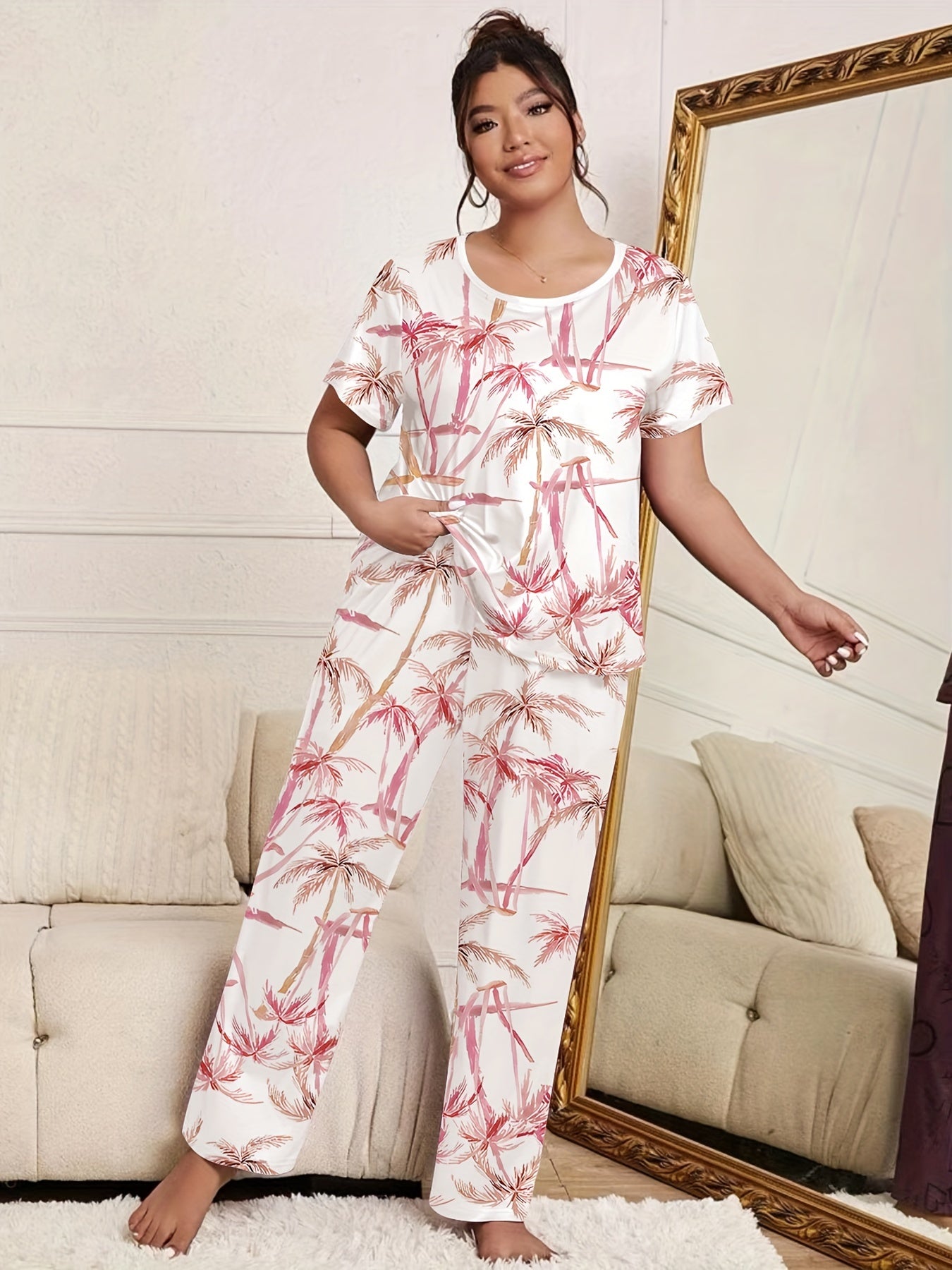 Boho Pajama Set Women's Plus Tropical Print Tee & Pants Lounge Set