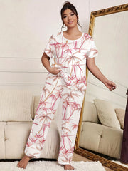 Boho Pajama Set Women's Plus Tropical Print Tee & Pants Lounge Set