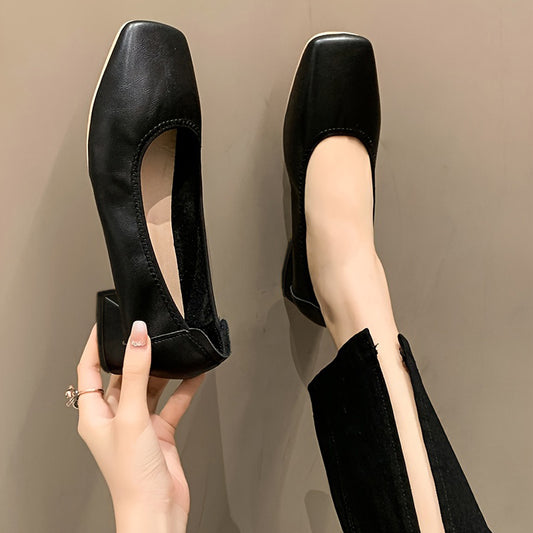 Women's Square Toe Chunky Low Heels Slip On Comfortable Walking Shoes