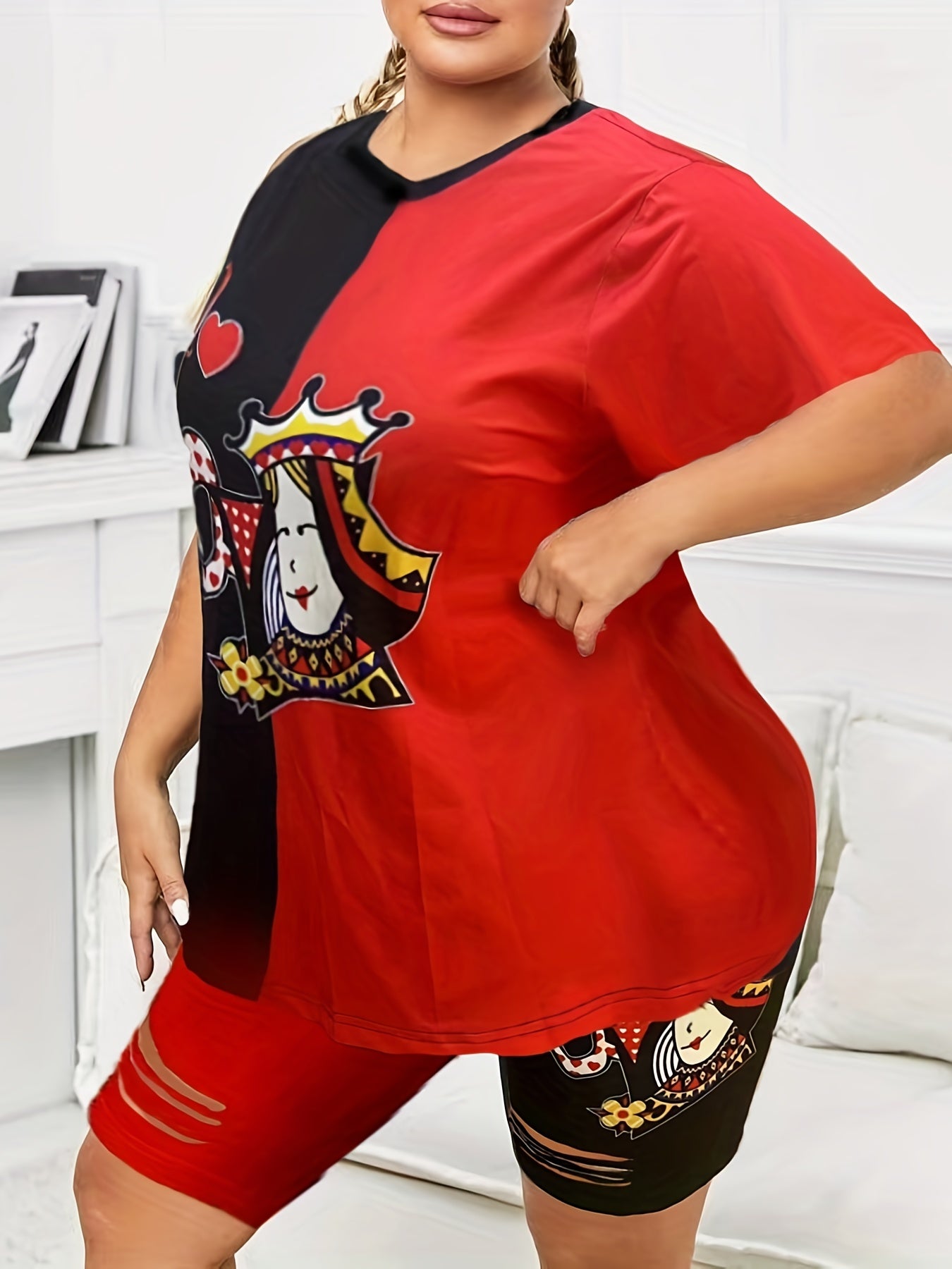 Women's Plus Size Colorblock Figure & Letter Print Tee & Shorts Set