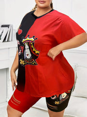 Women's Plus Size Colorblock Figure & Letter Print Tee & Shorts Set