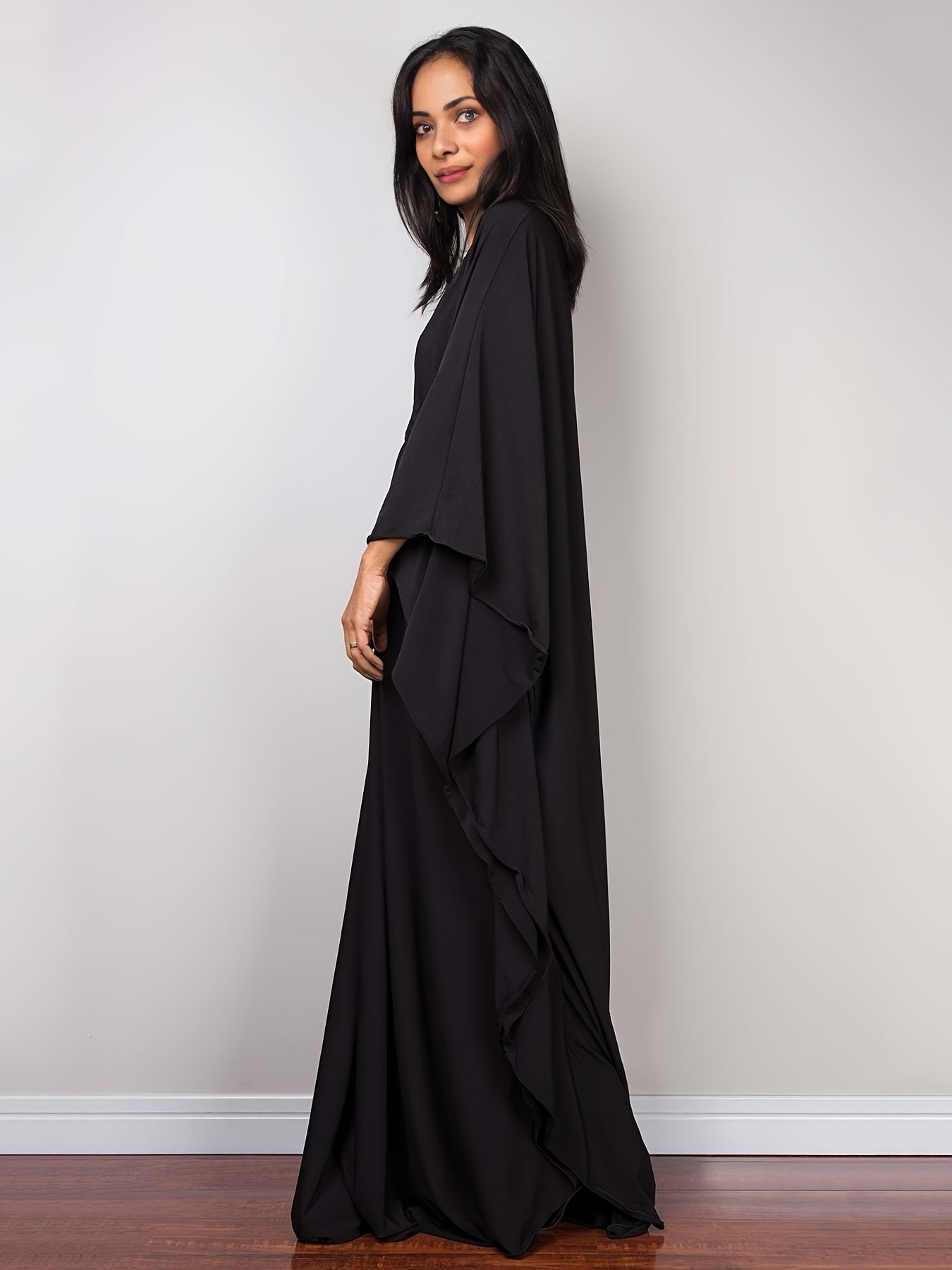 Solid Batwing Sleeve V Neck Beach Kaftan Cover Up