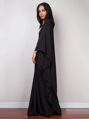 Solid Batwing Sleeve V Neck Beach Kaftan Cover Up