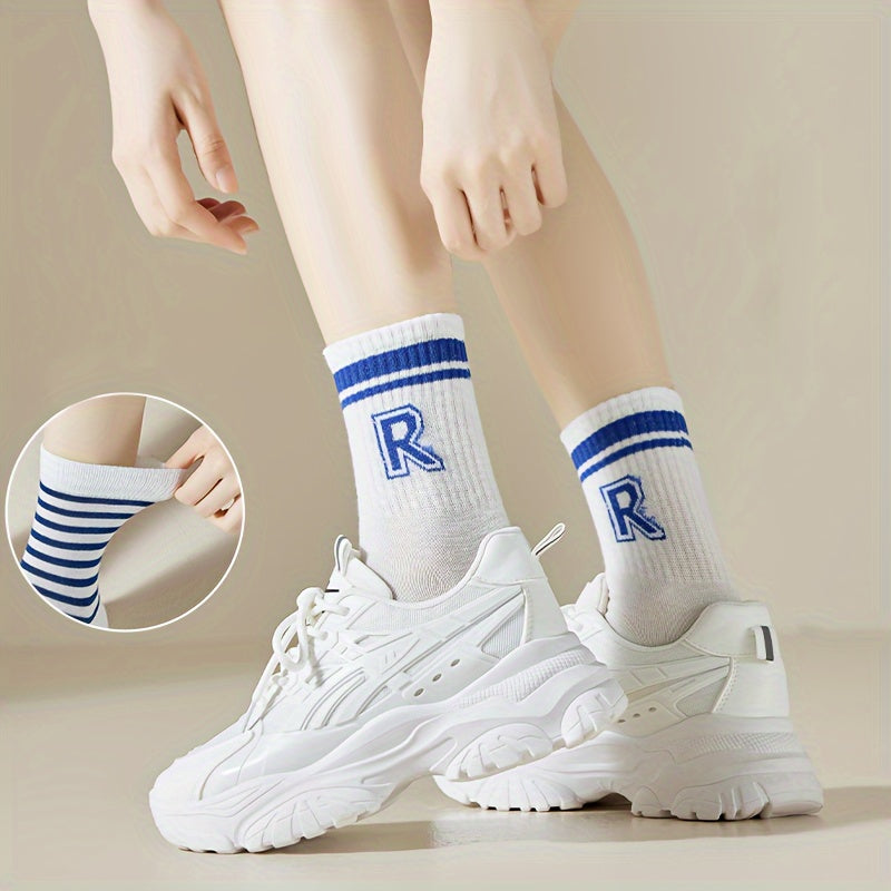 5 Pairs Letter & Striped Print Socks, Comfy & Breathable Mid Tube Socks